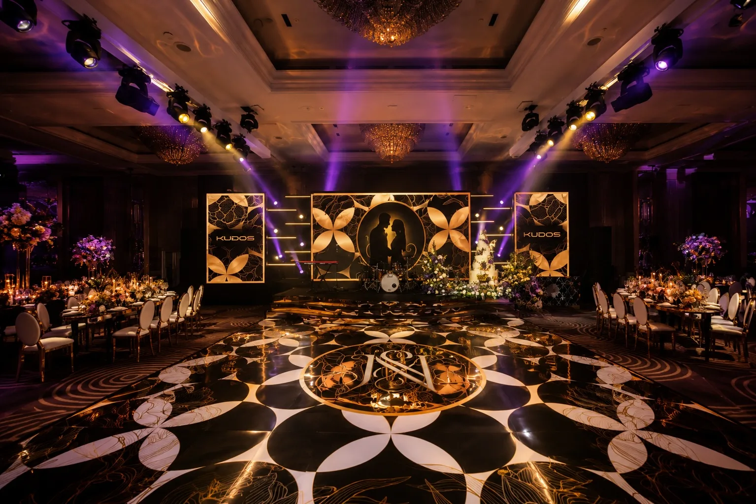 Kudos Music wedding production, stage, lighting and dancefloor at the Hilton Park Lane, London